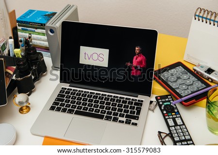PARIS, FRANCE - SEP 10, 2015: Apple Computers website on MacBook Pro Retina in a creative room environment showcasing the newly announced tvOS by Eddy Cue