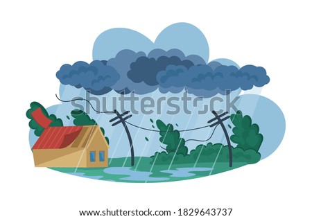 Natural disasters Tropical cyclones. Swirling tornado in village destroy houses, tropical rainstorm with strong wind breaks trees blows off roof of building. Huge wind, waterspout storm cartoon vector