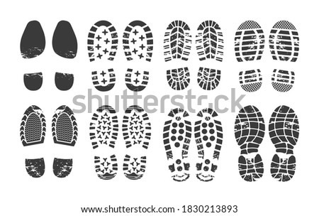 Human footprint. Footwear steps silhouette, shoes, boots, sneakers footstep print of men and women, textured steps. Dirty shoes print, shoes footprints on asphalt and ground, step silhouette vector.