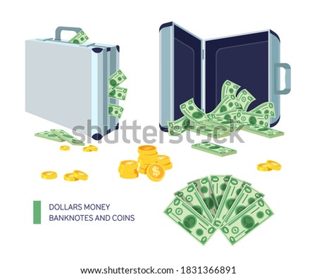 Briefcase with dollar bills in a closed and open suitcase. Dollars money banknotes and coins. Treasure bag, bonus game element coins cartoon vector