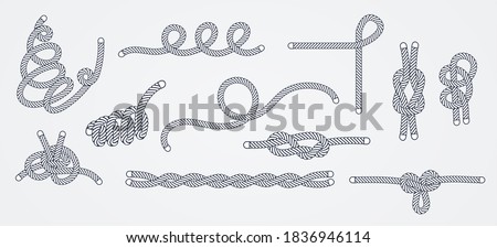 Sea rope knots and loops set. Marine rope and sailors ship knot, cord sailor borders, knot sail, package rope, looped string, nautical loop vector illustration isolated