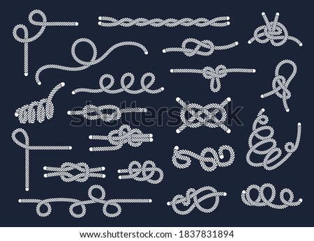 Sea rope knots and loops set. Marine rope and sailors ship knot, cord sailor borders, knot sail, package rope, looped string, nautical loop vector illustration isolated