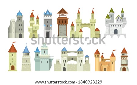 Castle medieval tower set. The fairytale medieval tower, facade mansion princess castle, fortified palace with gates, fabulous king citadel, medieval buildings, historical towered house cartoon vector