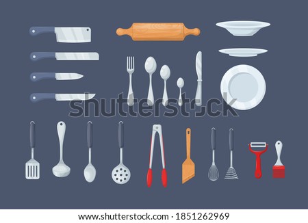 House cookware utensils for cooking. Set of kitchen knives, cutlery forks, spoons, set of ladles, potholders, tongs, spatulas, plates, whisks and brushes for baking, peel cleaner cartoon vector Stock foto © 