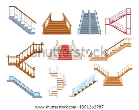 Wooden and metal staircase with handrails set. Wooden staircases covered with red carpet, spiral staircase, store escalator, floor to floor ladder isolated cartoon vector