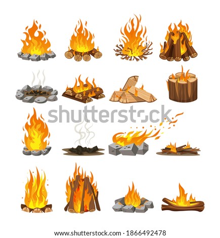 Firewood boards, outdoor bonfire of branches, fire burning wooden logs, flaming, extinct fire bonfire, coals. Wood campfire. Wood material branches, planks, logs. Firewood flames, bonfire flame vector