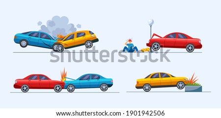 Road traffic accident. Car damaged vehicle transportation. Car crashed into pole. Cargo spilled out of car. Collision hitting an man. Auto accident, motor vehicle crash cartoon vector Photo stock © 