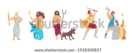 Ancient greek god. Greek God Hades, Hephaestus, Poseidon, Zeus, Ares. Patrons of the underworld, fire and crafts, sky, thunder and lightning, seas and oceans, war cartoon vector illustration