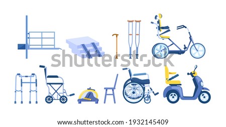 Orthopedic accessories for people with restricted abilities, handicapped, disabled people, elderly. Orthopedic equipment cane crutches walkers wheelchair scooter bicycle for disabled people vector