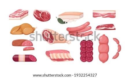 Meat fresh steaks meat delicatessen cartoon set. Sausages, smoked cervelat, meat steak for barbeque, salami, home-made bacon, meatloaf, bacon fillet, fried chicken, pork belly, beef shank vector