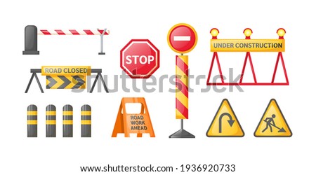 Traffic road repair barriers set. Safety barricade, roadblocks, warning alert signs. Construction fences, warning detour, repair hurdle, safety barricade warning for city street repair works vector