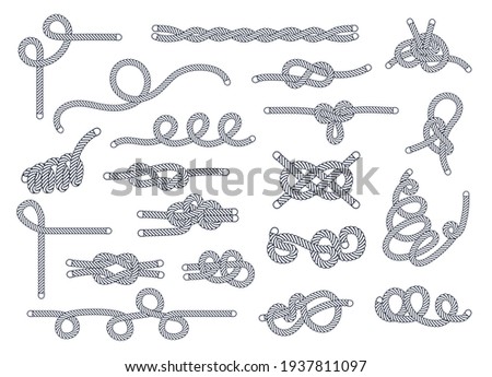 Sea rope knots and loops set. Marine rope and sailors ship knot, cord sailor borders, knot sail, package rope, looped string, nautical loop vector illustration isolated