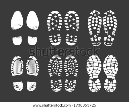 Human footprint. Footwear steps silhouette, shoes, boots, sneakers footstep print of men and women, textured steps. Dirty shoes print, shoes footprints on asphalt and ground, step silhouette vector.