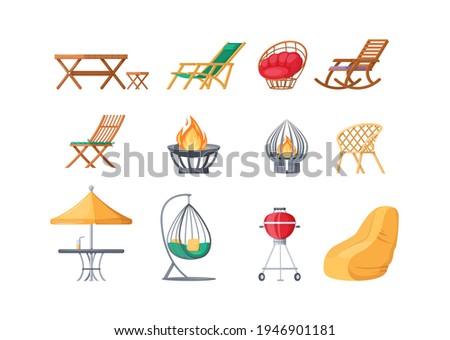 Garden outdoor furniture set. Swing bench seat, bag rocking chair, table with umbrella, hanging hammock, gazebo, fireplaces, barbecue grill, gazebo tent. Furniture for rest relaxation cartoon vector