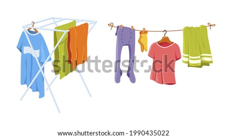 Adult and baby clothes hanging on clothesline. Drying clothes and towel after washing on rope. Socks, T-shirt, tights, bath and kitchen towels, linen on dryer cartoon vector