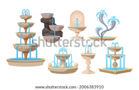 Set of water fountains, natural geyser waterfalls and water splash. Vintage and modern architecture decor with splashing drops. Outdoor park decoration with architectural elements cartoon vector