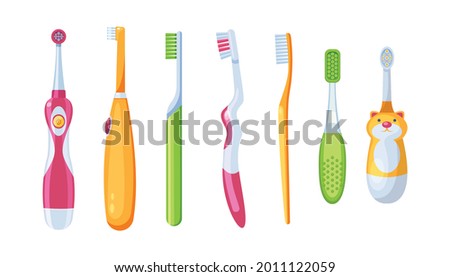 Collection toothbrush. Dental cleaning tools for children and adults. Electrical and manual tooth hygienic equipment. Dentistry oral protect with handle bristle. Teeth health and beauty vector cartoon