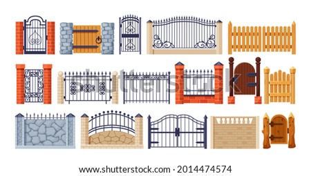Set of balcony railing. Vintage modern home balconied facade or door entrance into private territory, terrace fences. Architecture exterior ornamental decor from wood, brick, steel, stone vector