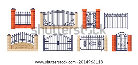 Set of gates, fence outdoor exterior entrance. Architectural ornament decoration railing wall from forged metal structures. Equipment for private street zone division, fence wickets garden houses