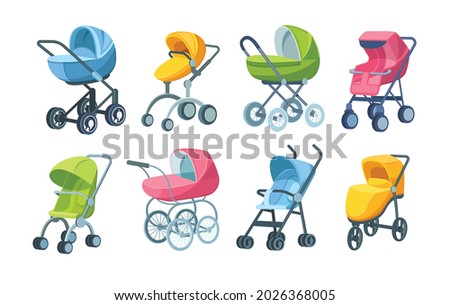 Set of childish colorful folding stroller, buggy, baby carriage, child wagon, infant transport with wheels and handles. Newborn or toddler go-cart for comfortable walking transportation cartoon vector