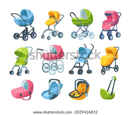 Set of childish automobile armchair for child, infant, newborn baby, folding stroller, buggy, baby carriage, child wagon, infant transport. Car seats for safe movement in vehicles cartoon vector