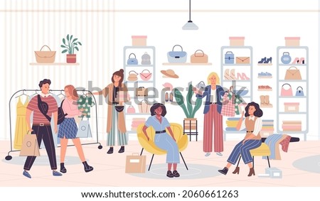 People shopping clothes in store. Diverse man, woman and couple choosing, trying and consulting to each other at fashion boutique. Seasonal sale or discount, black friday, buying goods cartoon vector