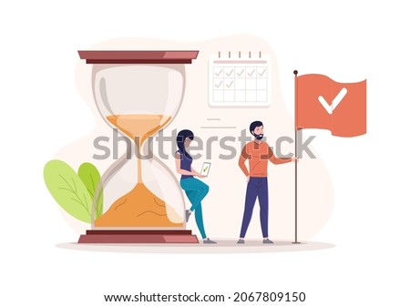 Success people effective time management with tasks checkpoint winner flag and schedule timetable. Business planning with hourglass control optimization successful organize flat vector