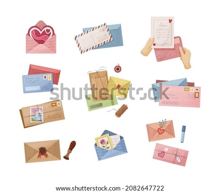 Various envelope with mail, postmarks and postcards set. Craft paper letters, handmade greeting cards, document sheet, mailing correspondence, stationary. Service letter shipping delivery flat vector