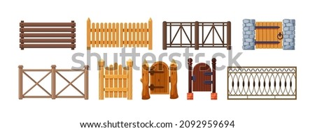 Wood gates and balcony railing and gates, fence outdoor exterior entrance. Vintage modern home balconied facade or door entrance. Architecture exterior ornamental decor from wood, brick, stone vector