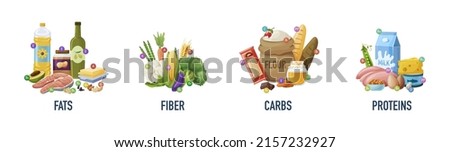 Set of main food groups, macro and micronutrients. Fats, fiber or cellulose, carbs and proteins nutritious food for healthy diet. Nutrient complex diet of organic natural products flat vector