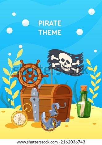 Pirate theme with treasure chest at sea sandy bottom. Wooden ancient chest, pirate flag, ship wheel and compass among seaweeds. Pirate party banner, game interface design cartoon vector