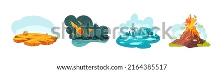 Drought, volcano eruption, polar ice melting natural disasters. Falling meteorites, melted glaciers and eruption of volcano, nature scenes of cataclysms. Global warming, climate change cartoon vector