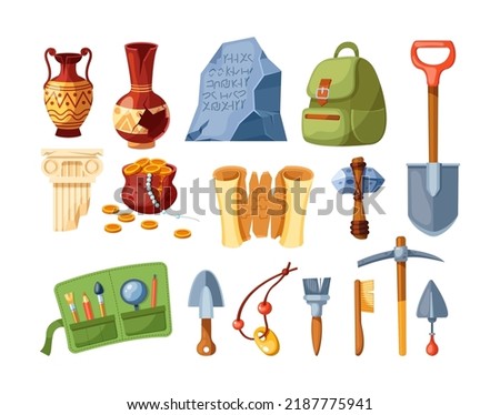 Archaeological inventory tools, finds and ancient artifacts set. Amphora, papyrus, antique pillar, gold coins and instruments for treasures excavation. Archaeology and treasure hunting cartoon vector