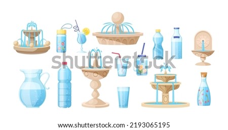 Different plastic, glass water packaging and fountains set. Bottle, jug, glass, cup with fresh clean water and classic marble fountains. Water related symbols cartoon vector
