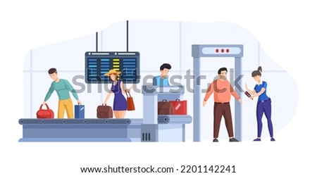 Passengers passing through scanner checkpoint gate at airport. People putting luggage on conveyor belt. Woman in uniform using body scanner to detect dangerous objects. Airport security service vector