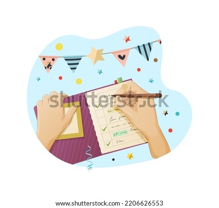 Person filling to do list, tasks for day. View from above of female hands writing memo checklist, taking notes in notebook. Planning and organization concept cartoon vector