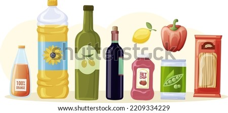 Grocery products set. Sauce, condiment and dressing for culinary. Plastic and glass bottles of olive oil, vinegar, tomato ketchup, soy sauce, can of green peas. cartoon vector