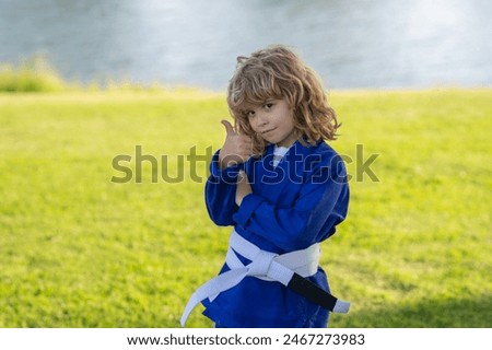 Similar – Image, Stock Photo Confident karate boy doing punch in studio