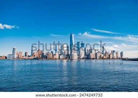 New York, United States. Panorama view of New York city skyline in Midtown Manhattan. USA, NYC, NY, Manhattan. American big city. Lower Manhattan skyline. New York from New Jersey. Downtown Manhattan.