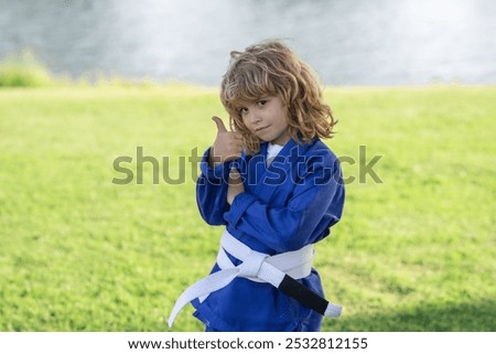 Similar – Image, Stock Photo Confident karate boy doing punch in studio