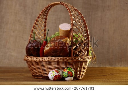 Meat home made delicious sausages lattuce bread rolls red pepper and easter eggs in basket, horizontal picture