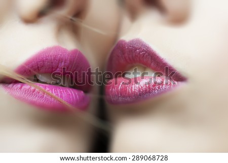 Two female soft tender sexy seductive mouths with pink lipstick closeup, horizontal picture