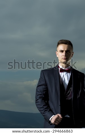 Beautiful successful man in formal suit with bow tie standing on blue sky background copyspace, vertical picture