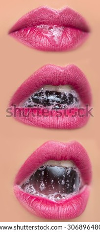 Closeup collage of three sexual open female mouth of beautiful young woman with foam beverage bubbles on bright pink lips on tan beige face, vertical picture