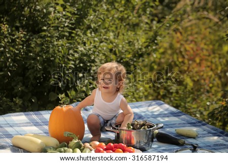One little smiling boy at picnic playing and sitting near pot orange pumpkin squash and cucumber red tomato on checkered plaid looking away on natural background sunny day, horizontal picture