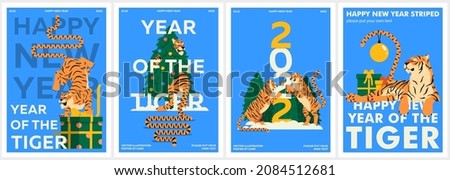 Set of posters for the New Year and Merry Christmas. Postcard, cover or invitation to the nativity festival. Vector illustration of a tiger in the Chinese calendar