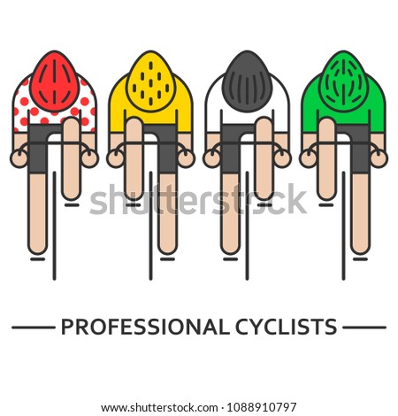 Modern Illustration of cyclists. Front view of bicyclists in yellow, green, white and red polka dot jerseys isolated on white. Cycling concept for professional bycicle race. Thin line style vector