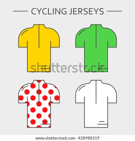 Types of cycling sportswear. Four linear simple icons of main jerseys of cycling championship. Yellow, green, white and red polka dot pullovers isolated on light grey background.