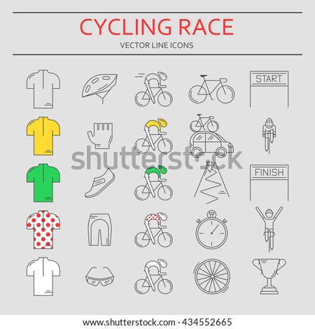 Set of 25 Bicycle Race modern linear icons. Black outline templates of cycling competition isolated on grey. Bicycling championship elements made in trendy thin line style vector.