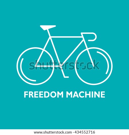 Modern Illustration of linear bicycle. White outline bike and text Freedom Machine isolated on a green background. For use as design element, poster, logo. Cycle made in trendy thin line style vector.